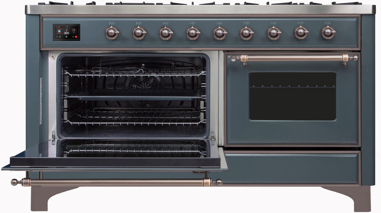 ILVE Majestic II 60" Dual Fuel Natural Gas Range in Blue Grey with Bronze Trim, UM15FDNS3BGB