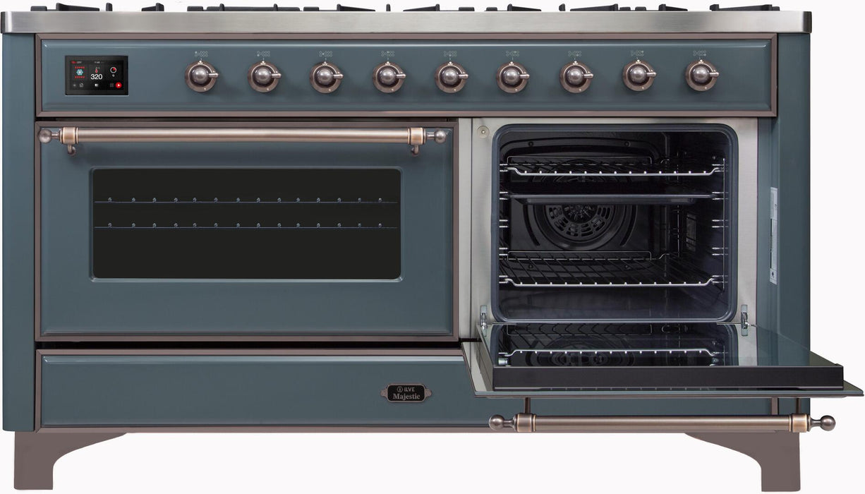 ILVE Majestic II 60" Dual Fuel Natural Gas Range in Blue Grey with Bronze Trim, UM15FDNS3BGB