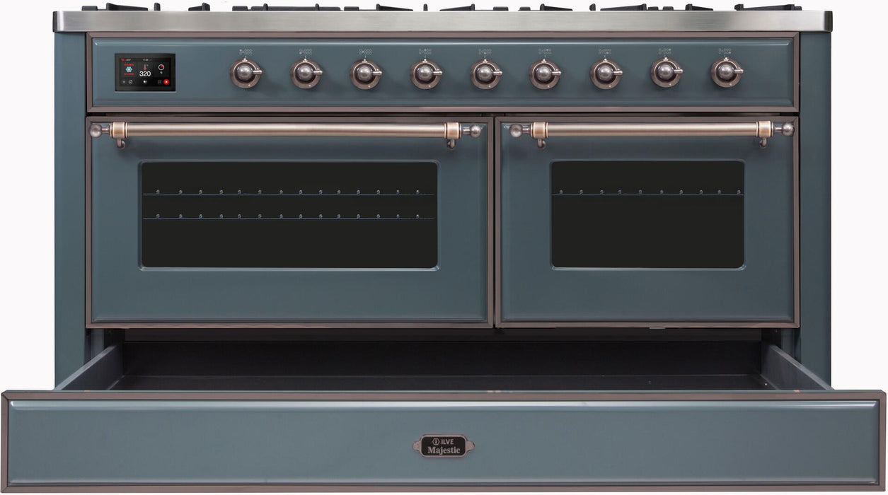 ILVE Majestic II 60" Dual Fuel Natural Gas Range in Blue Grey with Bronze Trim, UM15FDNS3BGB