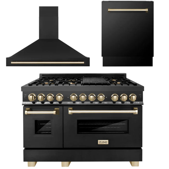 ZLINE Autograph Edition 48 in. Kitchen Package with Black Stainless Steel Dual Fuel Range, Range Hood and Dishwasher with Polished Gold Accents (3AKP-RABRHDWV48-G)