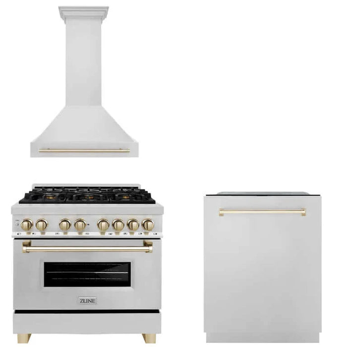 ZLINE Autograph Edition 36 in. Kitchen Package with Stainless Steel Dual Fuel Range, Range Hood and Dishwasher with Polished Gold Accents (3AKP-RARHDWM36-G)