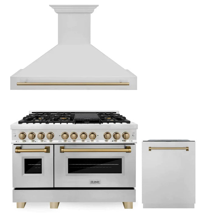 ZLINE Autograph Edition 48 In. Kitchen Package with Stainless Steel Dual Fuel Range, Range Hood and Dishwasher with Champagne Bronze Accents (3AKP-RARHDWM48-CB)