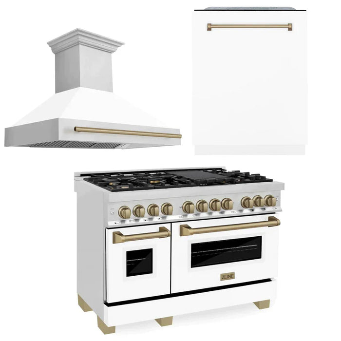 ZLINE Autograph Edition 48 in. Kitchen Package with Stainless Steel Dual Fuel Range with White Matte Door, Range Hood and Dishwasher with Champagne Bronze Accents (3AKP-RAWMRHDWM48-CB)