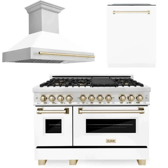 ZLINE Autograph Edition 48 in. Kitchen Package with Stainless Steel Dual Fuel Range with White Matte Door, Range Hood and Dishwasher with Polished Gold Accents (3AKP-RAWMRHDWM48-G)