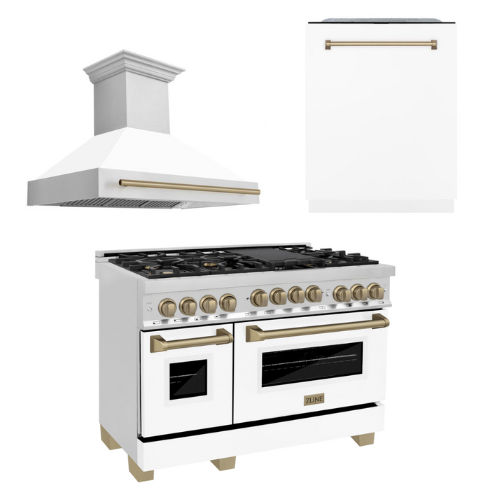 ZLINE Autograph Package - 48 In. Gas Range, Range Hood, Dishwasher in White Matte with Champagne Bronze Accents, 3AKP-RGWMRHDWM48-CB