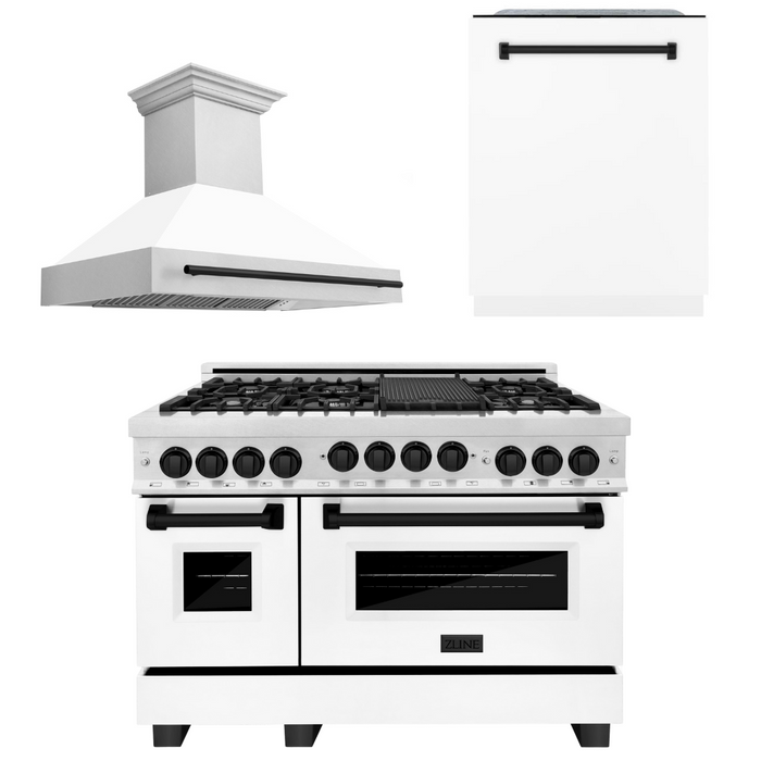 ZLINE Autograph Package - 48" Gas Range, Range Hood, Dishwasher with Matte Black Accents