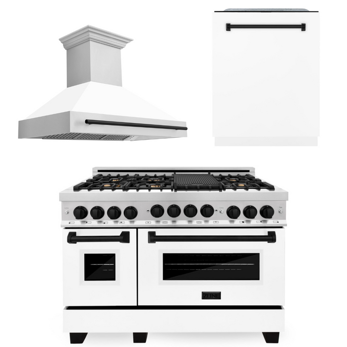 ZLINE Autograph Package - 48 In. Gas Range, Range Hood, and Dishwasher with White Matte Door and Matte Black Accents, 3AKPR-RGWMRH48-MB