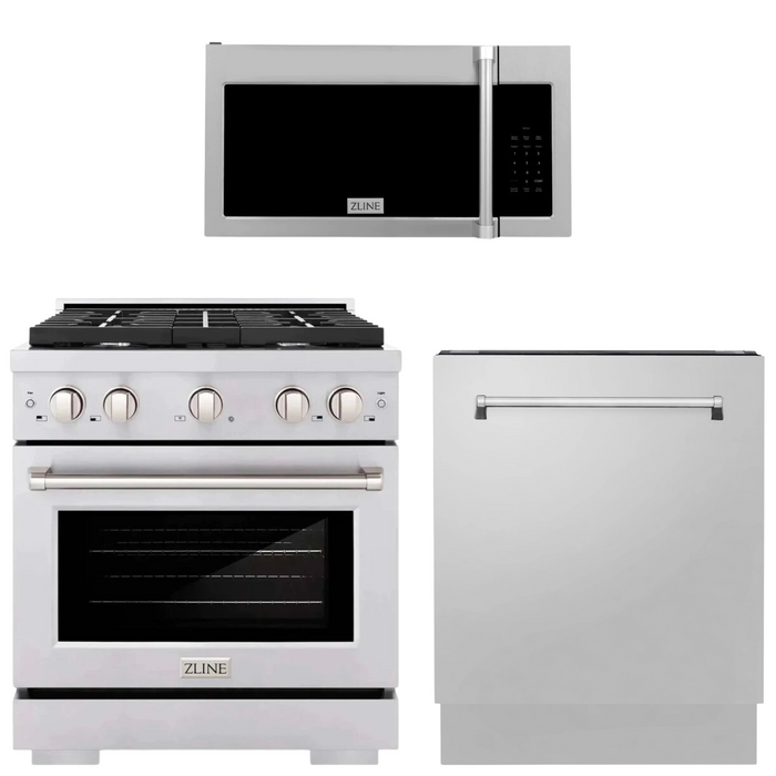 ZLINE 30 in. Kitchen Appliance Package with Stainless Steel Gas Range, Traditional Over The Range Microwave and Tall Tub Dishwasher, 3KP-RGOTRH30-DWV