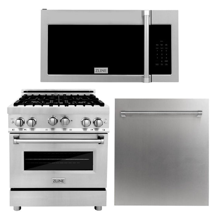 ZLINE 30 in. Kitchen Appliance Package with Stainless Steel Gas Range, Traditional Over The Range Microwave and Dishwasher, 3KP-RGOTRH30-DW