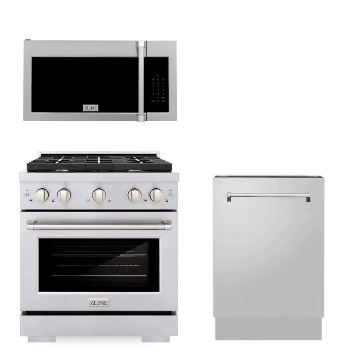 ZLINE 30 in. Kitchen Package with Stainless Steel Gas Range, Traditional Over The Range Microwave and Tall Tub Dishwasher