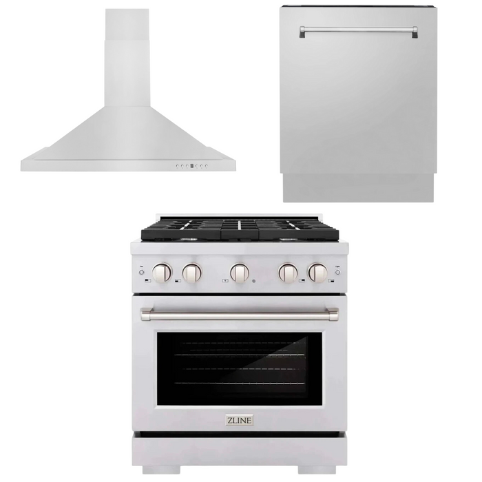 ZLINE Appliance Package - 30 in. Gas Range, Range Hood, 3 Rack Dishwasher, 3KP-SGRRH30-DWV