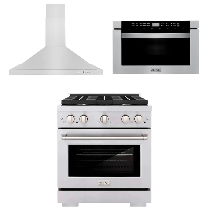 ZLINE Appliance Package - 30" Gas Range, Range Hood, Microwave Drawer, 3KP-SGRRH30-MW