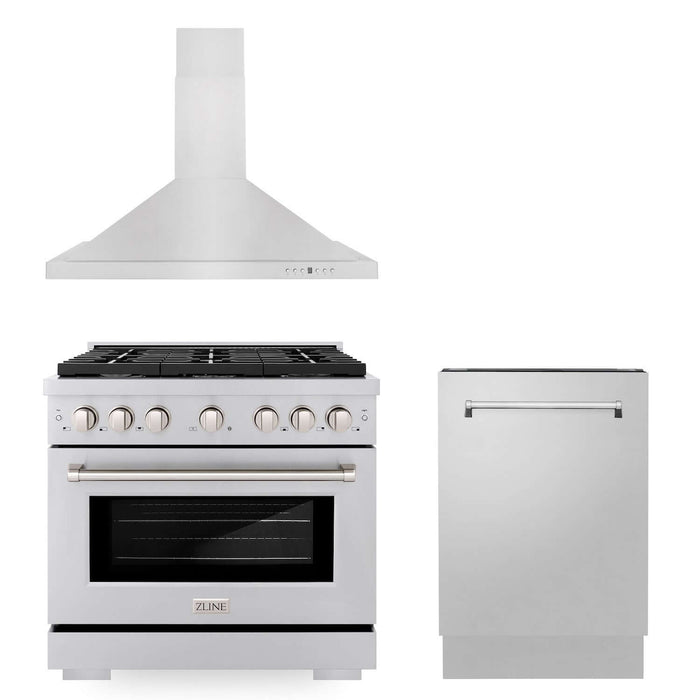 ZLINE 36 in. Kitchen Package with Stainless Steel Gas Range, Convertible Vent Range Hood and Tall Tub Dishwasher