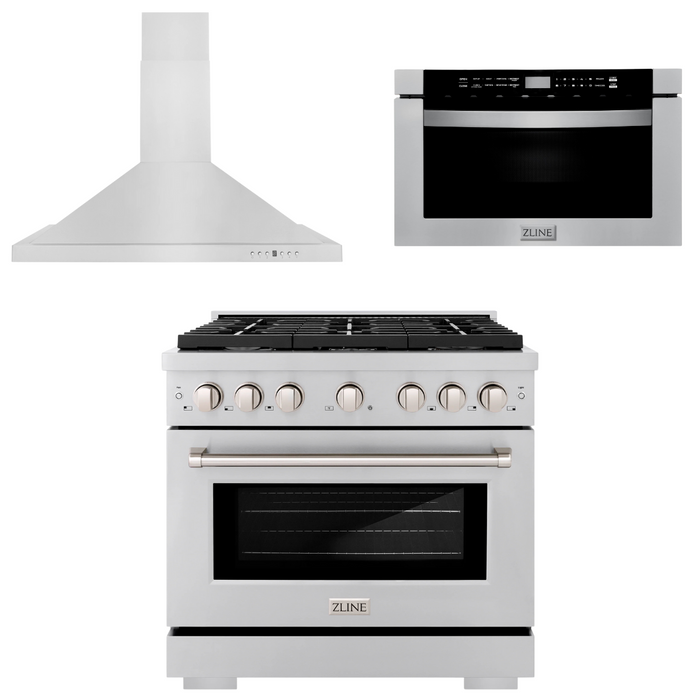 ZLINE Appliance Package - 36 in. Gas Range, Range Hood and Microwave Drawer, 3KP-SGRRH36-MW