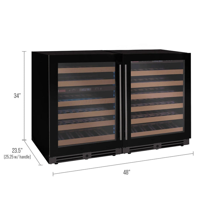 Reserva Series 100 Bottle 34" Tall Three Zone Black Glass Side-by-Side Wine Cooler Refrigerator