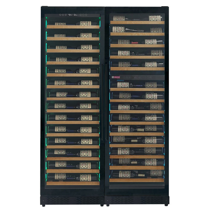 Reserva Series 134 Bottle 71" Tall Three Zone Black Side-by-Side Shallow Wine Refrigerator with Wood Front Shelves