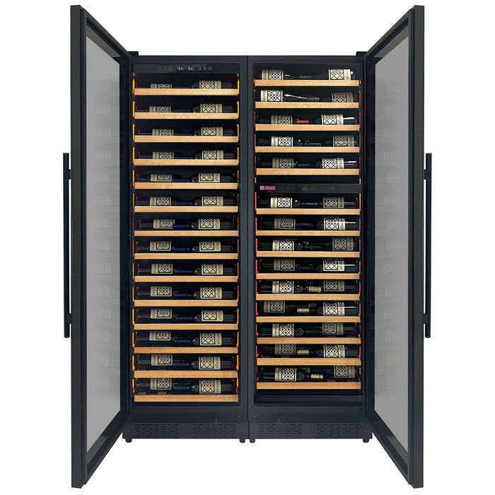 Reserva Series 134 Bottle 71" Tall Three Zone Black Side-by-Side Shallow Wine Refrigerator with Wood Front Shelves