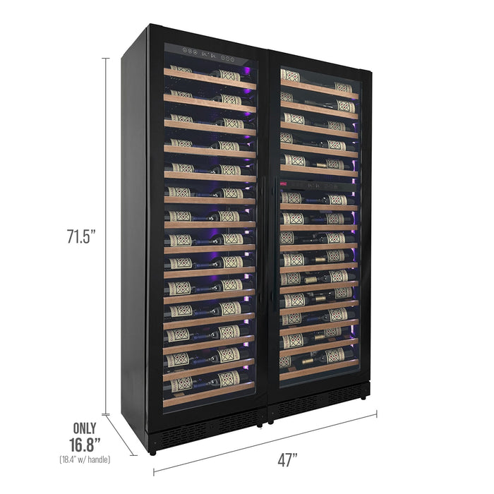 Reserva Series 134 Bottle 71" Tall Three Zone Black Side-by-Side Shallow Wine Refrigerator with Wood Front Shelves