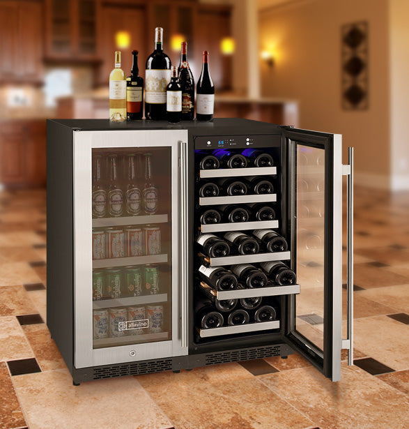 30" Wide FlexCount II Tru-Vino 30 Bottle/88 Can Dual Zone Stainless Steel Side-by-Side Wine Refrigerator/Beverage Center