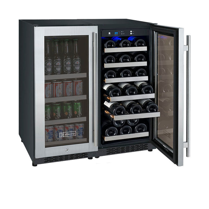 30" Wide FlexCount II Tru-Vino 30 Bottle/88 Can Dual Zone Stainless Steel Side-by-Side Wine Refrigerator/Beverage Center