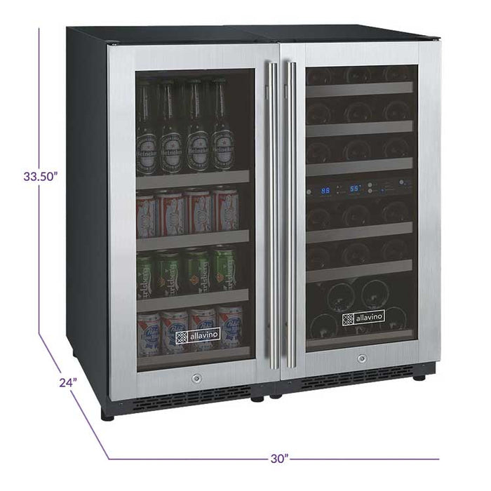 30" Wide FlexCount II Tru-Vino 30 Bottle/88 Can Three Zone Stainless Steel Side-by-Side Wine Refrigerator/Beverage Center