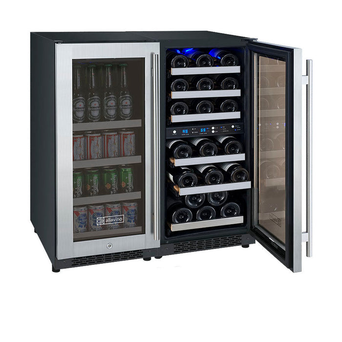 30" Wide FlexCount II Tru-Vino 30 Bottle/88 Can Three Zone Stainless Steel Side-by-Side Wine Refrigerator/Beverage Center