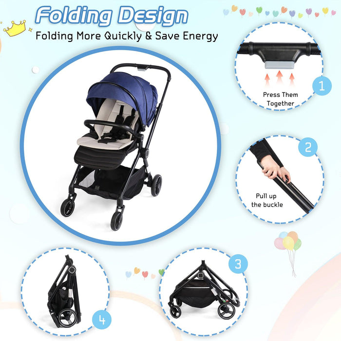 Easy Fold Baby Stroller Lightweight High Landscape Infant Pushchair with Reversible Seat, Blue