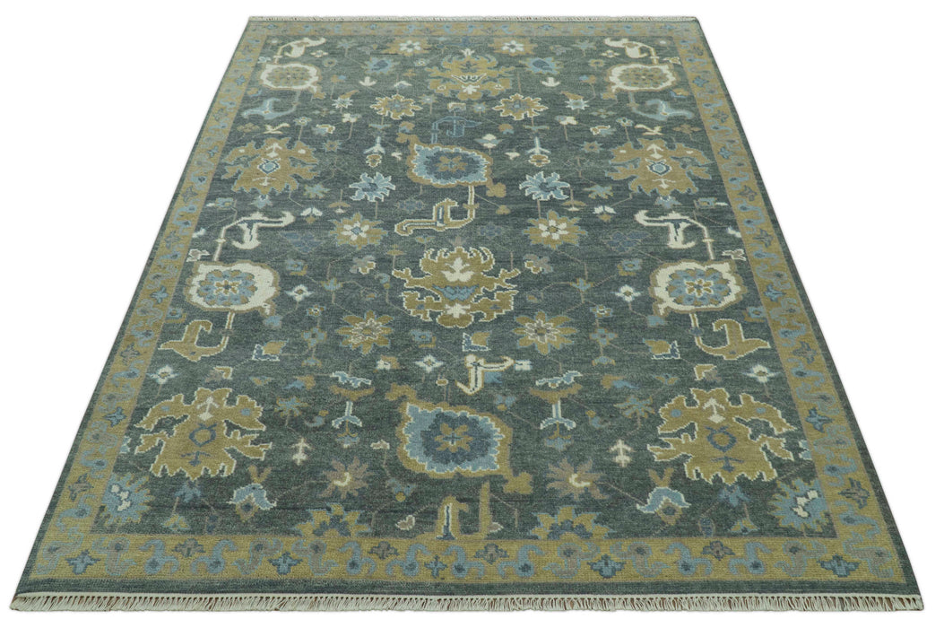 Traditional Oushak Design Charcoal And Camel Hand Knotted Custom Made Wool rug