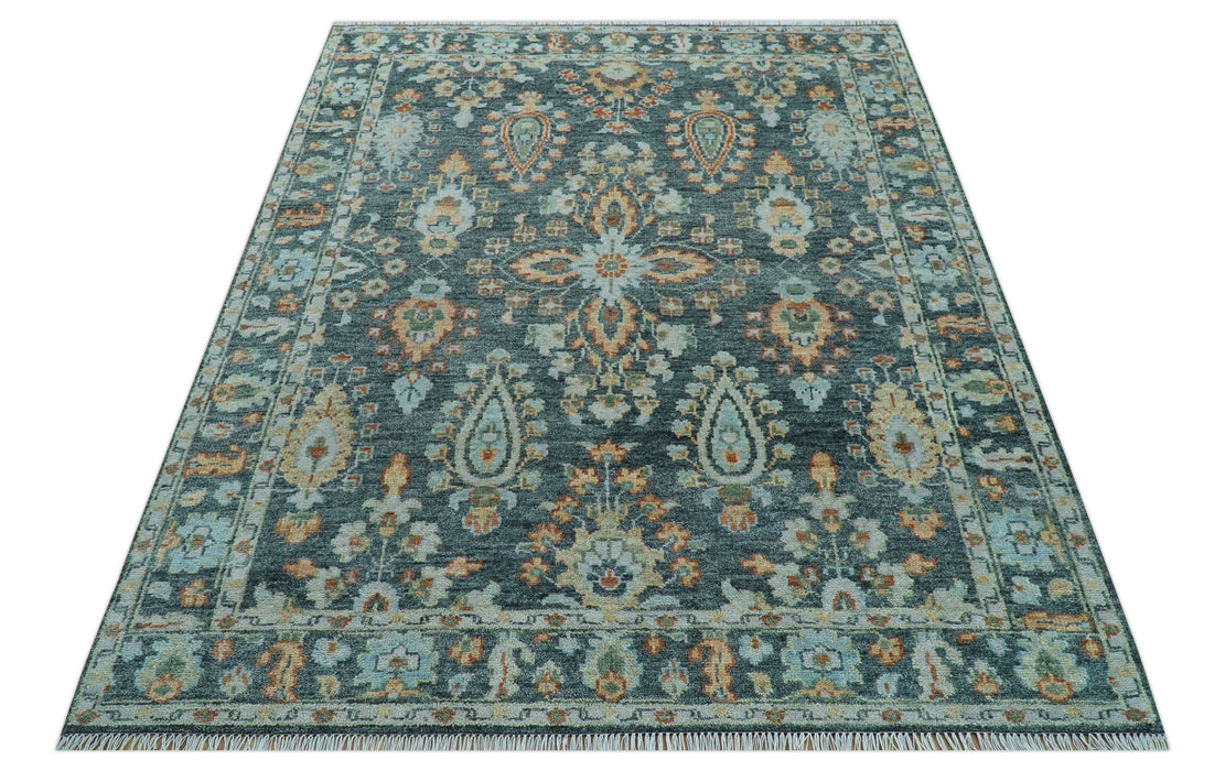 Custom Made Antique Hand Knotted Charcoal and Blue Traditional Oushak Design Wool Rug