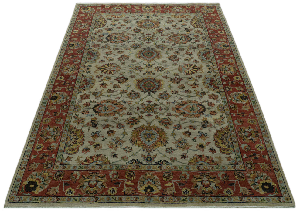 Traditional Heriz Design Beige And Brown  6x9 Hand Knotted Wool Area Rug