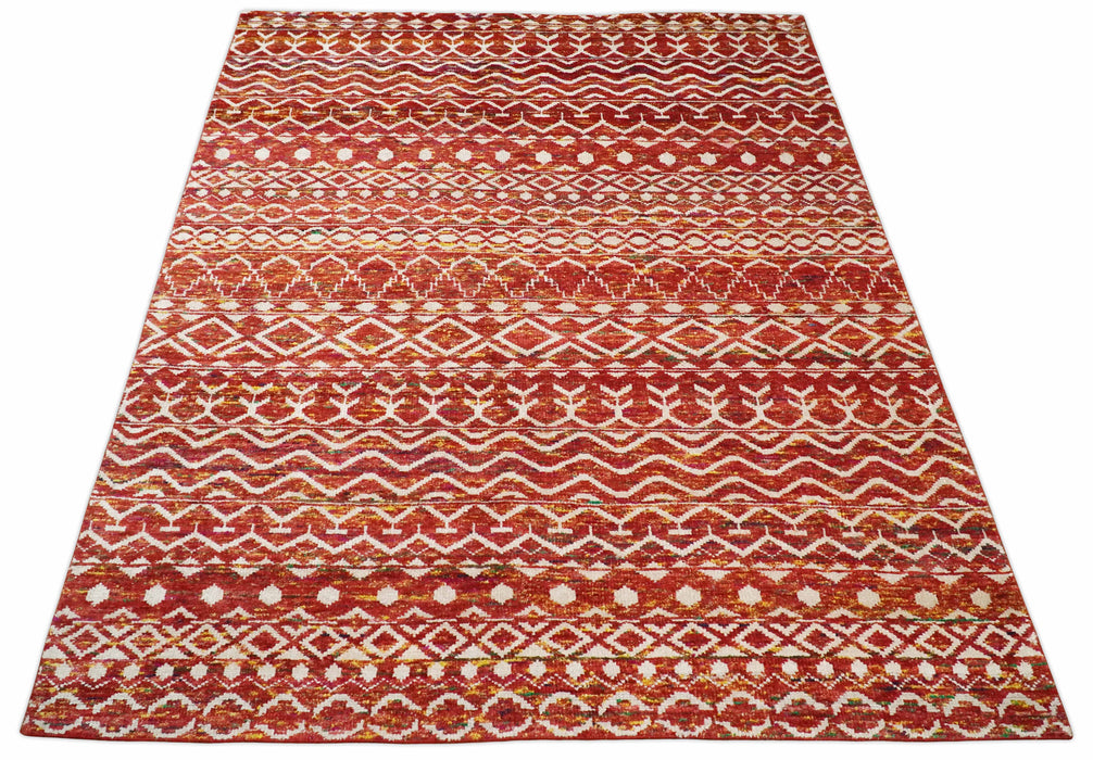 4x6 and 8x10 Hand Knotted Rust, Gold and White Modern Contemporary Southwestern Tribal Trellis Recycled Silk Area Rug | OP5