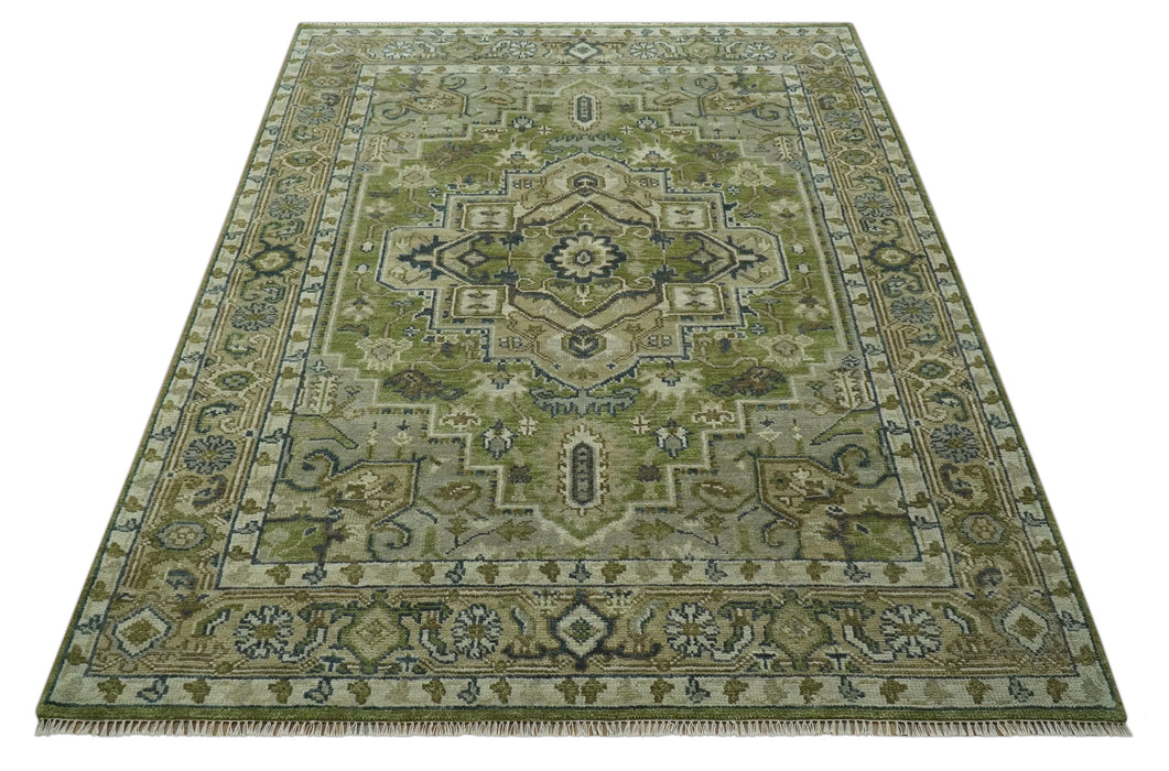 Custom Made Hand Knotted Traditional Green, Silver and Charcoal wool area rug