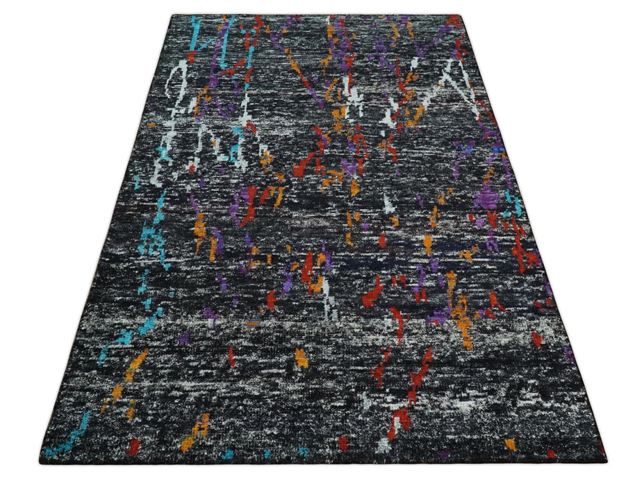 5x8 Hand Knotted Black, Ivory and Rust Modern Abstract Contemporary Recycled Silk Area Rug | OP132