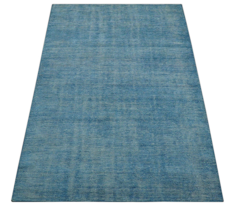Modern Solid Design Gray And Blue 5x8 Hand Knotted Wool Area Rug