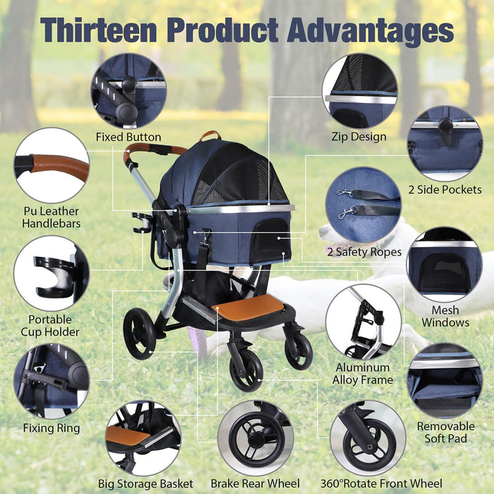 3 in 1 Travel Dog Stroller Pet Carrier with Detachable Carrier & Adjustable Handle, Blue