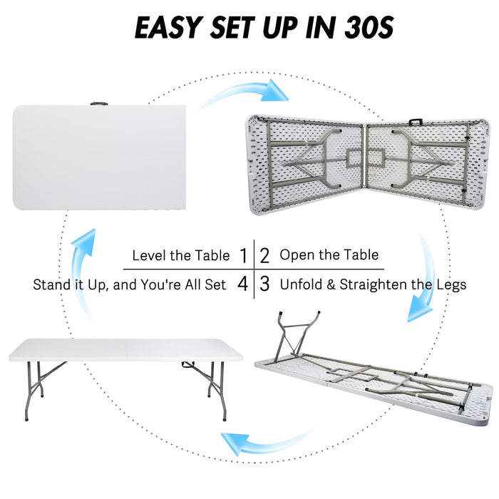 8ft Portable Folding Plastic Table for 8-10 Picnic Dining Table 96" with Carry Handle, White