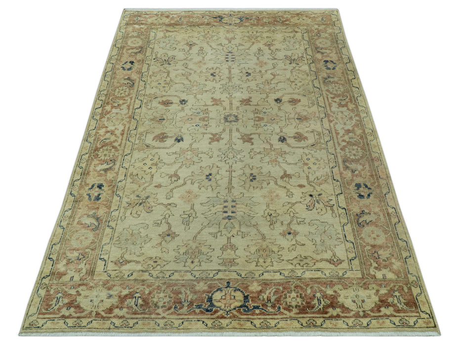 Heriz Traditional Design Beige And Blue 5.6x8 Hand Knotted Wool Area Rug