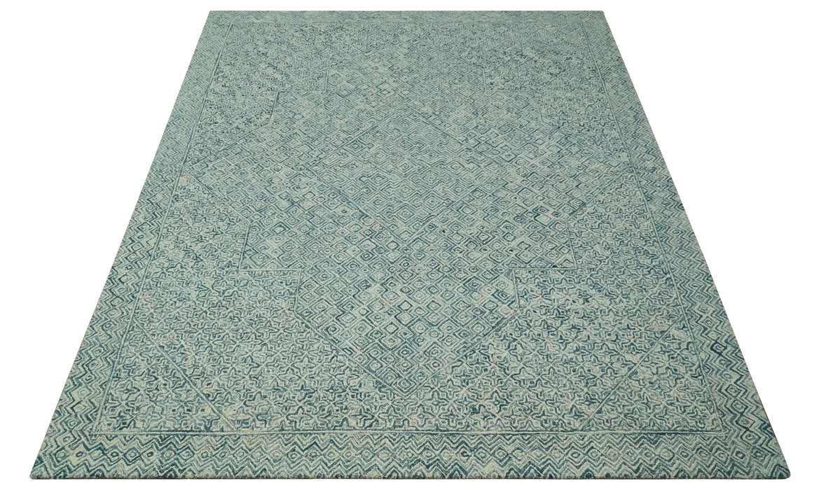 Modern Geometrical 8x10 Teal and Ivory Hand Tufted wool area rug