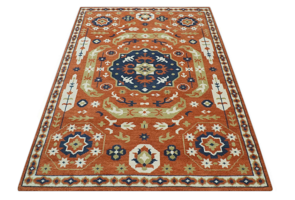 Rust and Blue Hand Knotted Traditional Medallion Mamluk Design Multi Size wool Rug