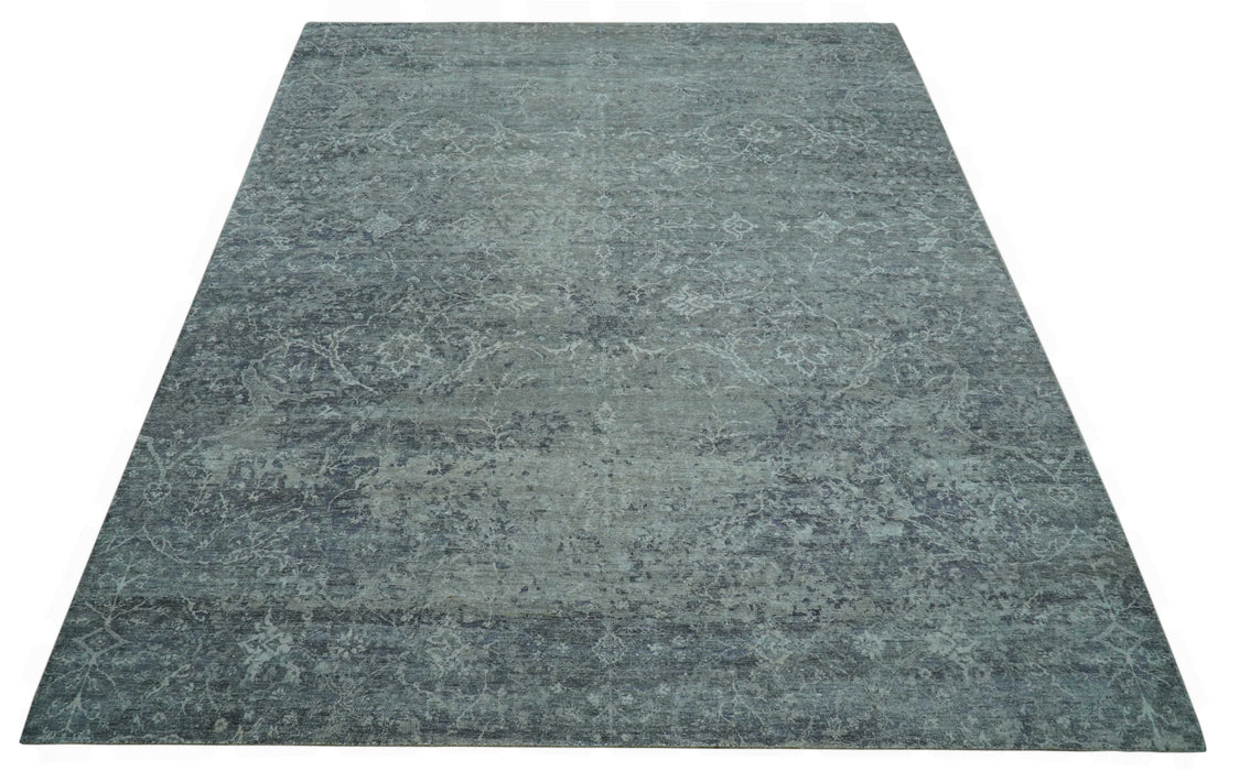 Blue And charcoal Transitional Design Hand Knotted 8.8x11.6 Wool Area Rug