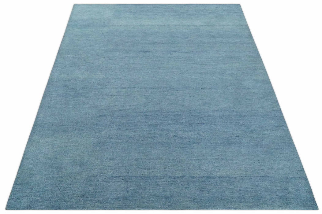 Custom Made Solid Plane Light Blue Woolen Hand Tufted wool area Rug