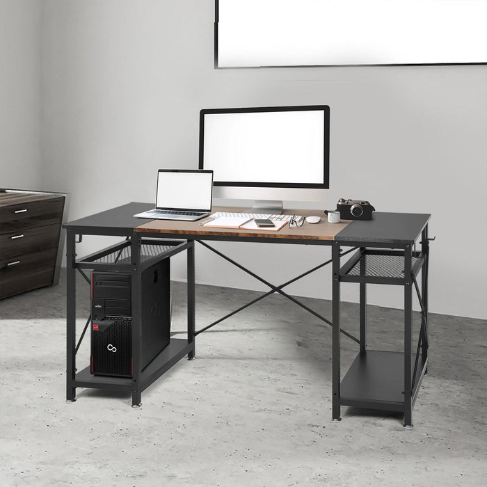 47.2" Home Office Computer Desk with Storage Shelves and 4 Hooks, Rustic and Black