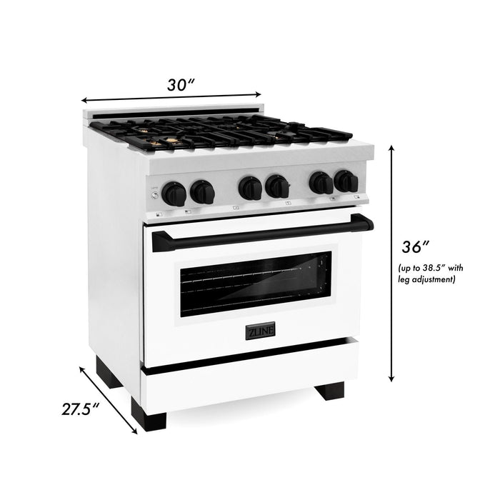 ZLINE Autograph Edition 30 in. 4.0 cu. ft. Range, Gas Stove/Electric Oven in DuraSnow® with White Matte Door, Matte Black Accents, RASZ-WM-30-MB