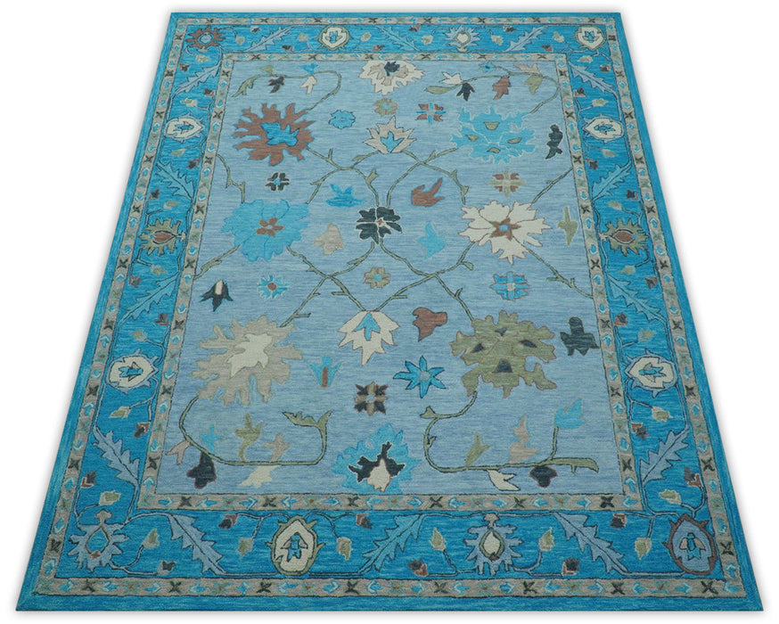 Custom Made Traditional Oushak Blue And Beige Hand Tufted Wool Area Rug