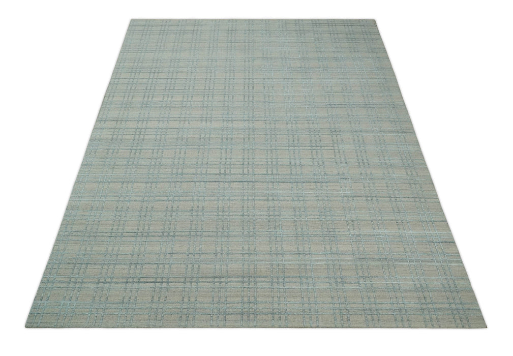 Hand Made 8x10 Modern Geometric striped Beige and Silver Scandinavian Blended Wool Flatwoven Area Rug | KE11