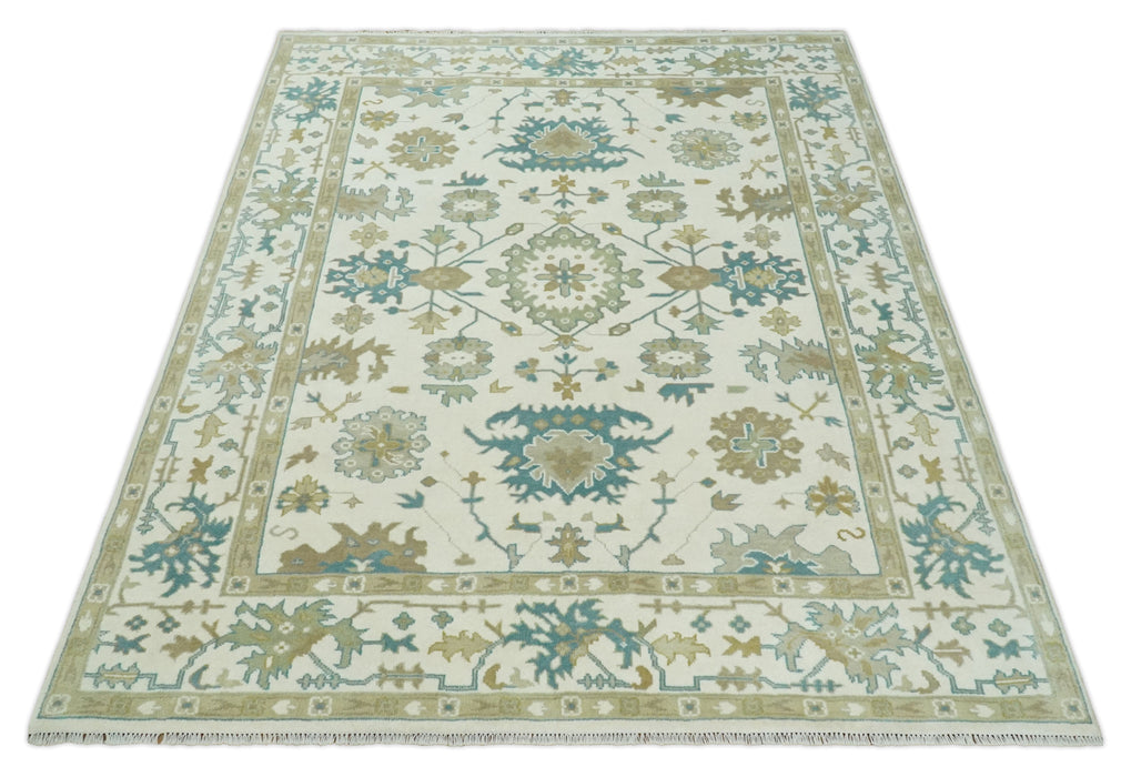 Hand Knotted Ivory, Beige and Teal Traditional Oushak Wool Area Rug