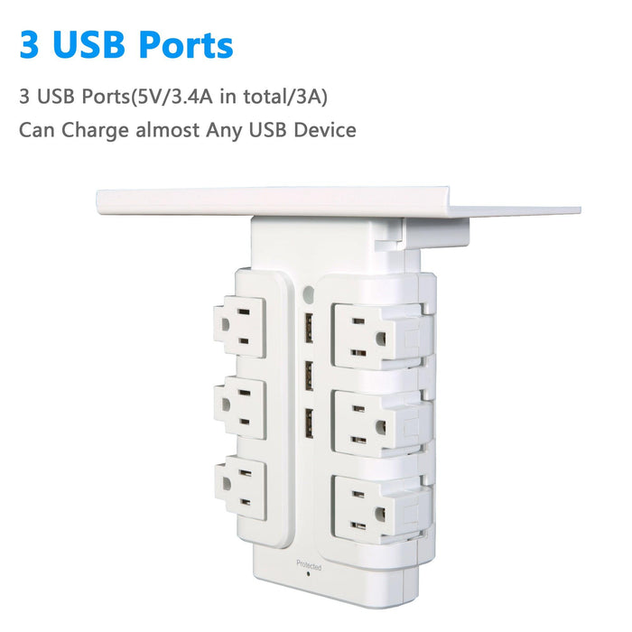 6 Outlet 3 USB Ports Rotating Power Strip with Surge Protector Wall Mount for Home Office