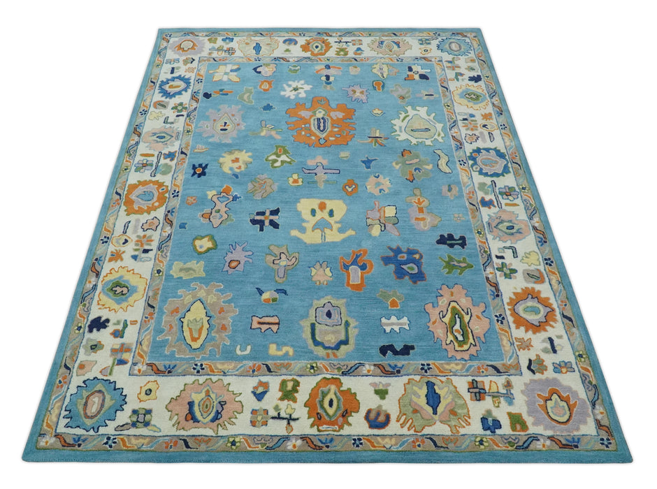 Hand Tufted Blue and Ivory Multi Size Modern Colorful Oushak Rug