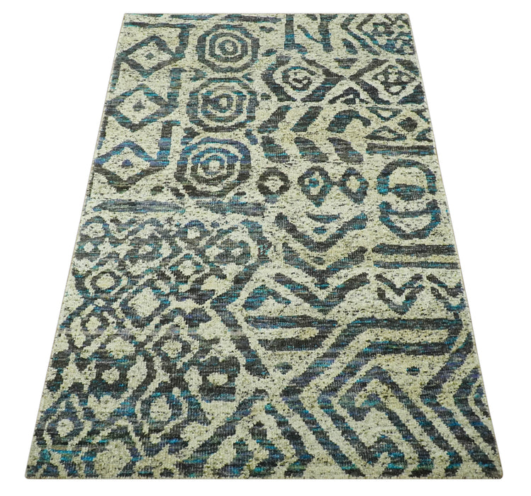 Hand Knotted Beige, Charcoal and Blue Antique Design Contemporary Recycled Silk Rug