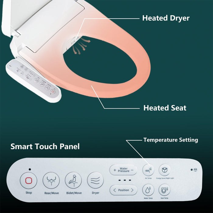 Electronic Heated Bidet Toilet Seat Elongated with Self-Cleaning Nozzle, Warm Air Dryer and Temperature Controlled